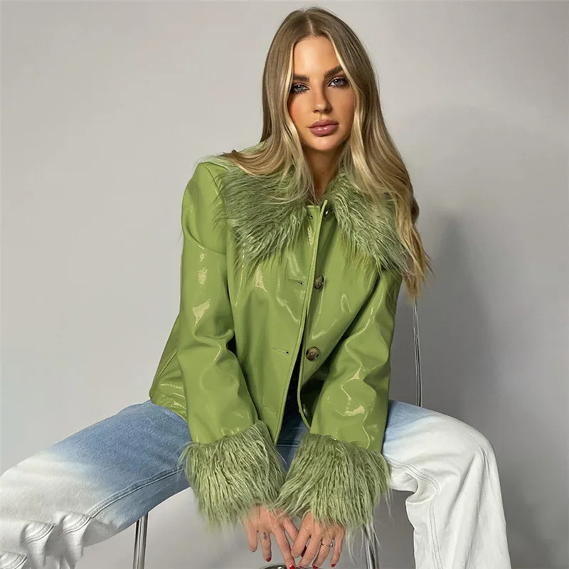 Winter Fur Collar Leather PU Jacket For Women Fashion Long-sleeved Single-breasted Slim Warm Coats High Streetwear Outwear