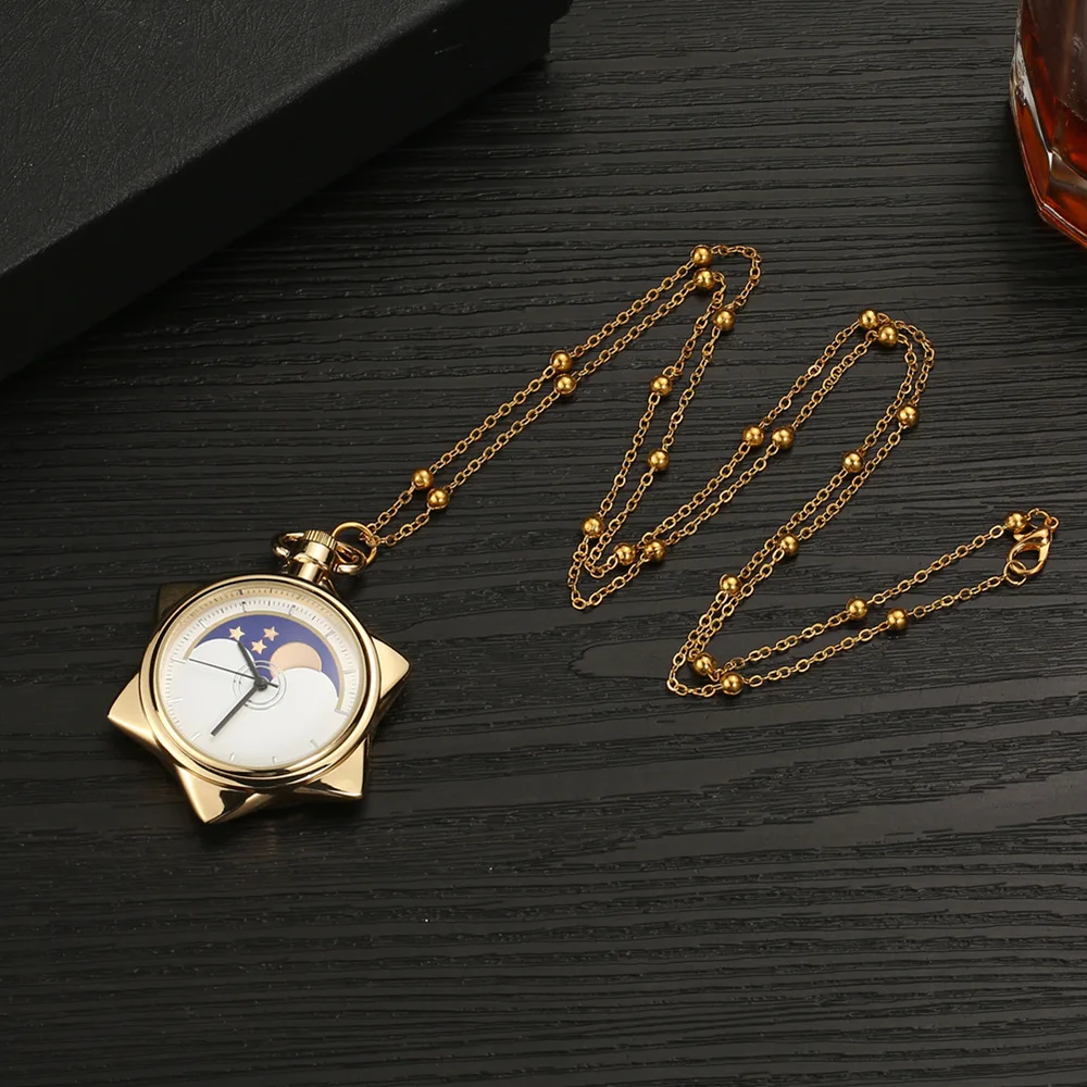 Moon Star Crystal Pocket Watch Yellow Vintage Pendant Necklace Clock Chain Gifts For Mens Women