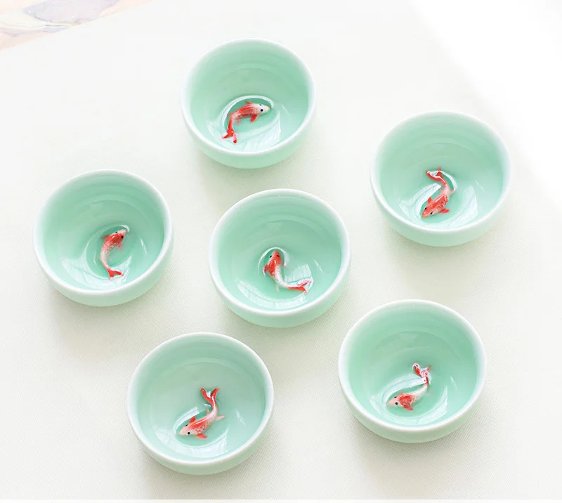 

New Design 6pcs Celadon Golden Fish China Tea Set,kung Fu Tea Cup Set Crale Glaze Travel Tea Bowl Chinese Porcelain Teacup Set