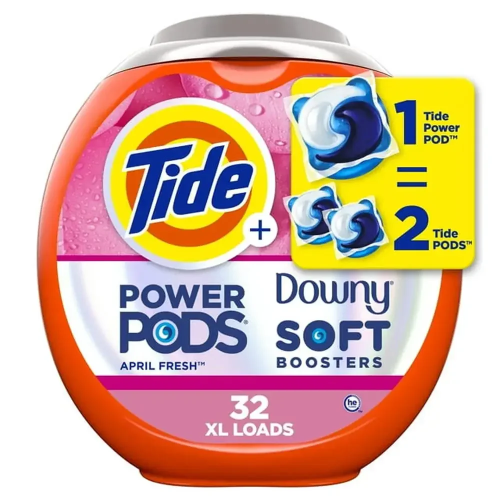 Tide Power PODs with Downy Soft Boosters 32 Count Pack Concentrated Heavy-Duty Stain Removal Fresh Scent All Machines and Water