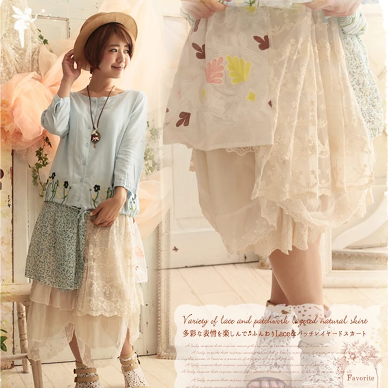 

Женская многослойная юбка Mori Girl с кружевом и цветочной вышивкой, Хлопковая женская юбка в стиле пэчворк, милая сказочная юбка принцессы A189