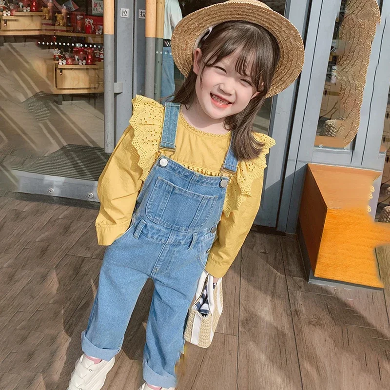 

Children Overalls Girls Denim Pants 2024 New Spring Autumn All-match Jeans Toddler Kids Loose Suspender Trousers