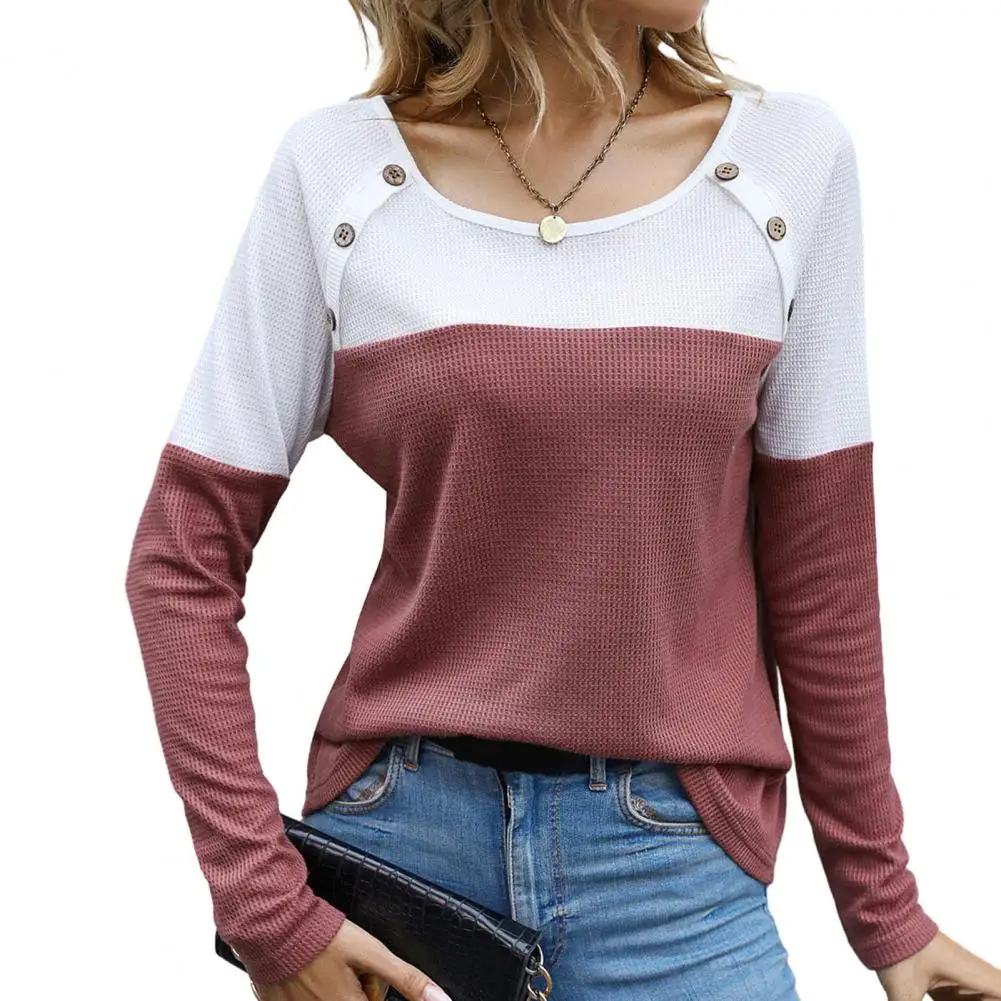 

Lady Blouse Colorblock Long Sleeve Knit Round Neck Soft Pullover Stylish Women's Top with Button Detail for Daily Commute Women