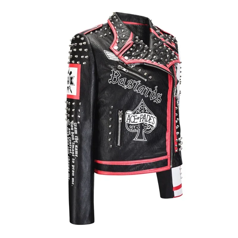Rivets Motorcycle Leather Jacket Women 2024 Trend Rock Punk Style Streetwear Graffiti Print Faux Leather Cropped Jacket