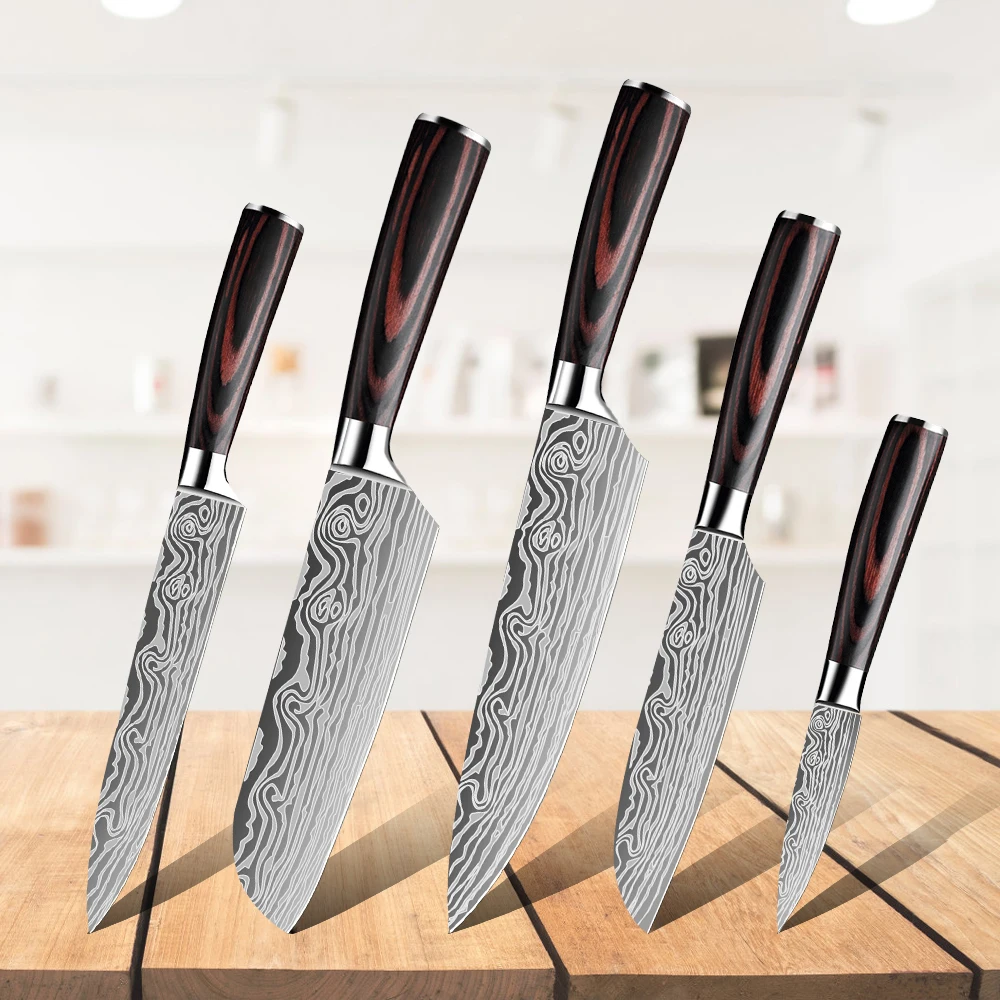 5-teiliges Küchenmesser-Set mit Imitiertem Damastmuster, Edelstahlmesser mit Pakkaholzgriff, Professionelle Kochmesser für die Heimküche – Detail 5