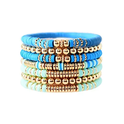 DLUXCA Clearance Pricing Blowout Surfer Heishi Clay Bead Bracelets for Women Bohemian Stackable Vinyl Disc Beaded Stretch Bracelets Elastic Layer