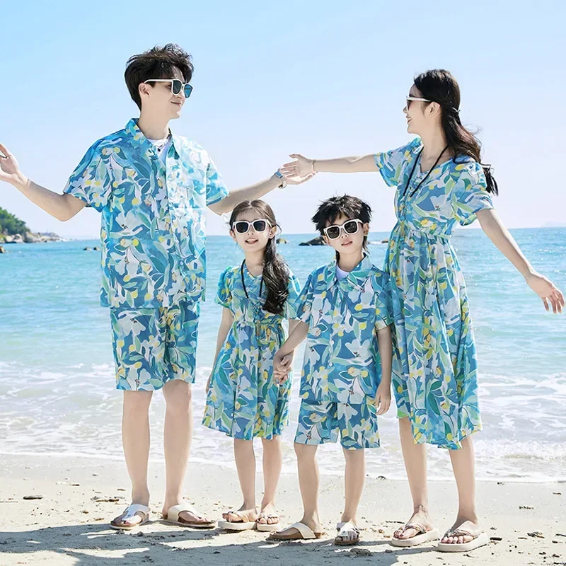 Parent-child Matching Beach Couple Daughter Same Dress Father Son Shirts SetClothes Summer Vacation Look Family Clothing Mother 3