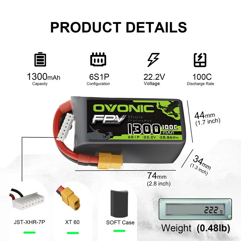 Gros plan sur l'étiquette de la batterie Lipo OVONIC 1300mAh 100C 22.2V 6S avec détails techniques