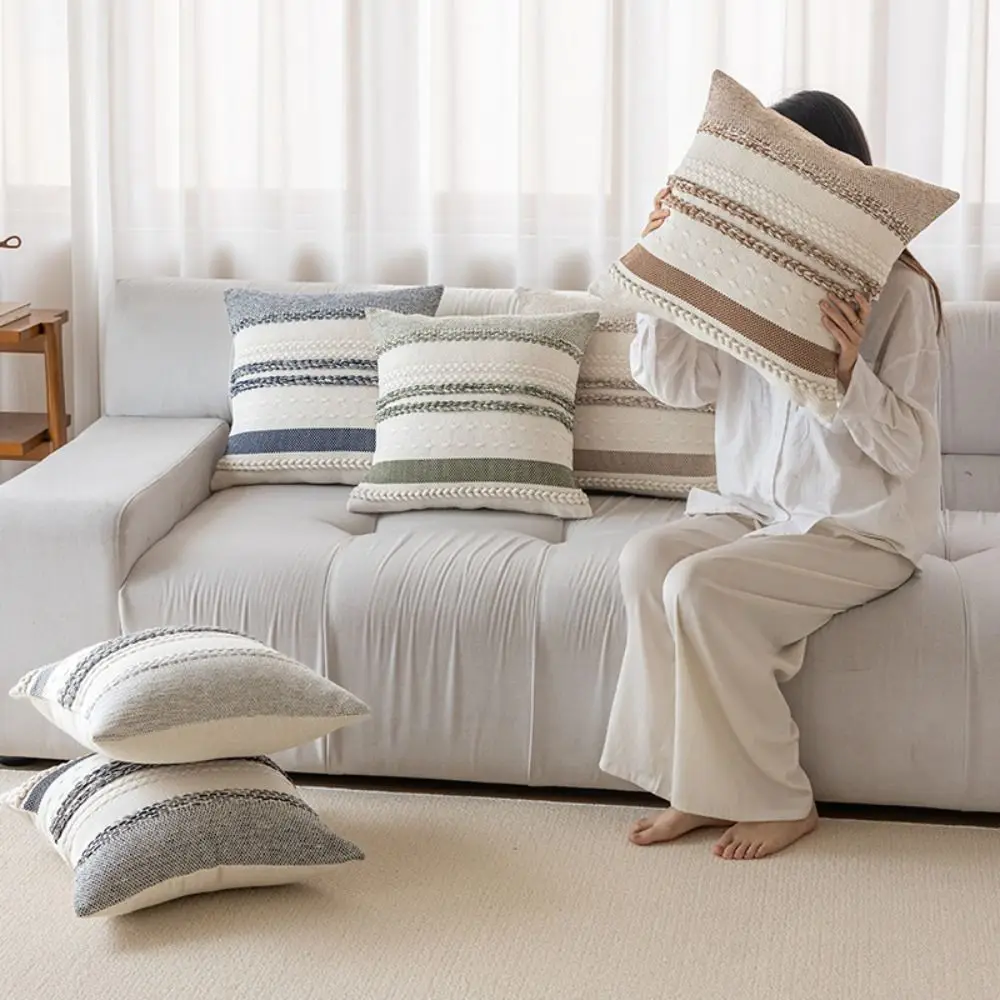 Boho Striped Textured Decorative Throw Pillow Covers - 18x18 Inch
