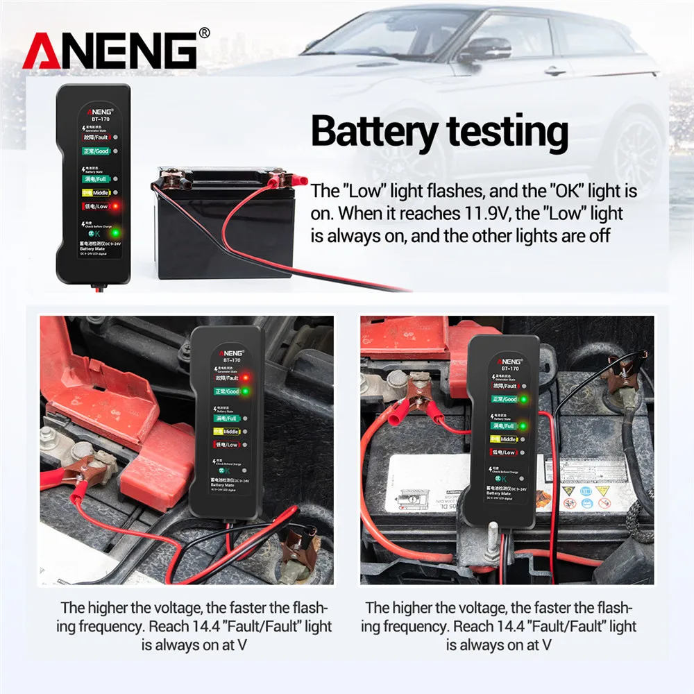 ANENG BT-170 9-24V 자동차 배터리 테스터 12V LED 발전기 결함 감지기 자동차 오토바이 트럭용 휴대용 자동 배터리 분석기
