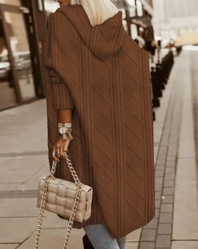 

Jackets for Women 2023 Autumn/winter New Fashion Casual Solid Color Daily Cable Textured Hooded Longline Coat Basic Commuting