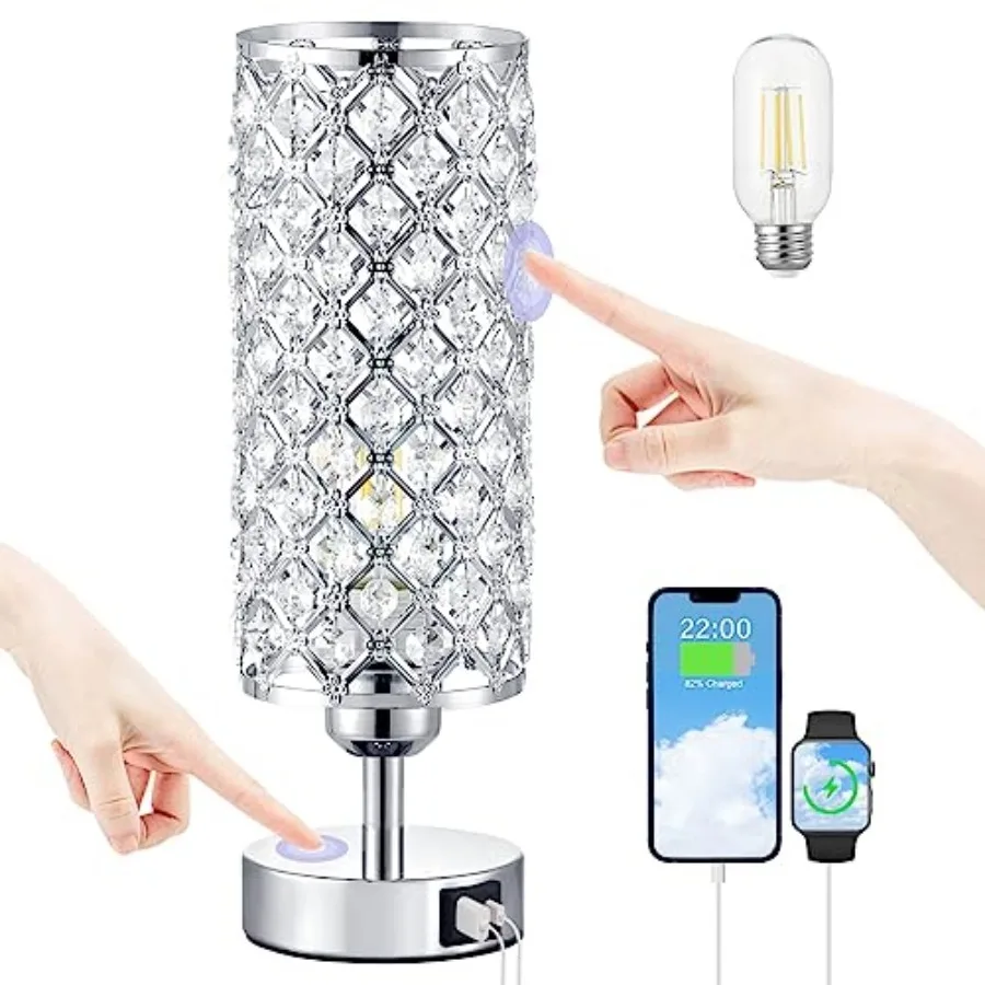 Crystal Touch Lamp with Touch Control Sliver Table Lamp with USB-C+A Ports 3 Way Dimmable Bedside Lamp Decorative Modern Nights