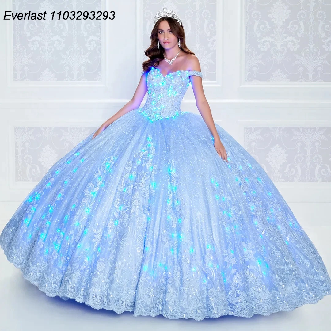 EVLAST Blue Quinceanera Dress Ball Gown Lace Applique Beaded Crystal Off Shoulder Sweet 16 Vestido 15 De A&ntilde;os TQD249