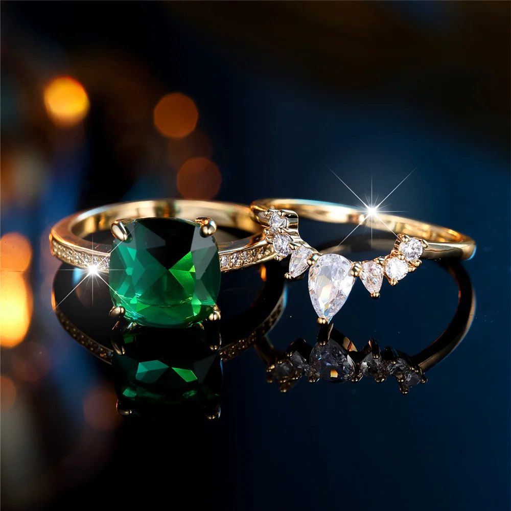 Crystal Female Green White Zircon Square Stone Ring Set Fashion Luxury Gold Color Bridal Wedding Engagement Jewelry For Women