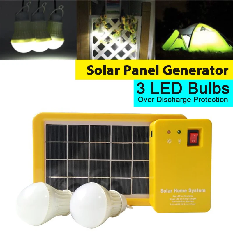 3W Solar Panel Emergency Light Kit Solar 4 Heads USB Charger Cable with 2 LED Light Bulb for Outdoor Camping Travel Lighting