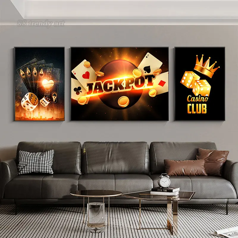 Canvas Wall Art Casino Poker Gambling Poster Jackpot Roulette Slot Poker Pictures Canvas Painting Casino Royale Home Wall Decor