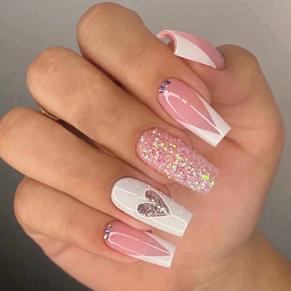 Pink and White Heart Nails