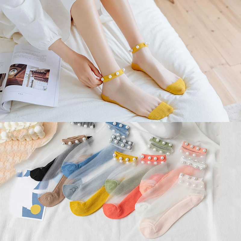 Chic Women Socks Spring New Fashion Ankle Female Breathable Thin Pearl Summer Korean Style Invisible Funny Lace Socks