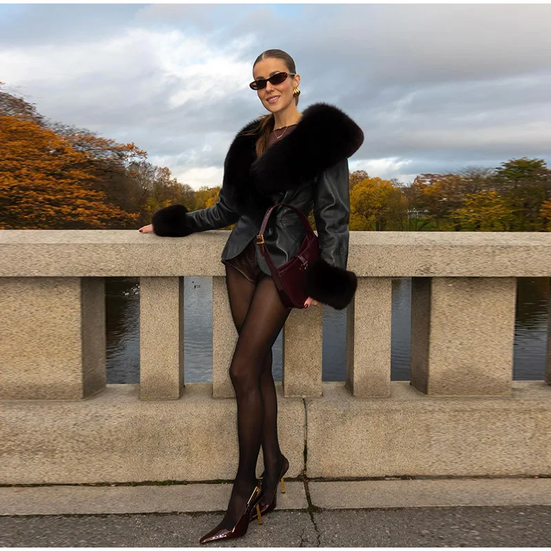 Schwarze PU-Lederjacke für Damen, großer Kunstpelzkragen, Manschette, volle Ärmel, Schnürung, Taille, Cinching-Mantel, 2025, Herbst, weibliche Streetwear – Detail 7