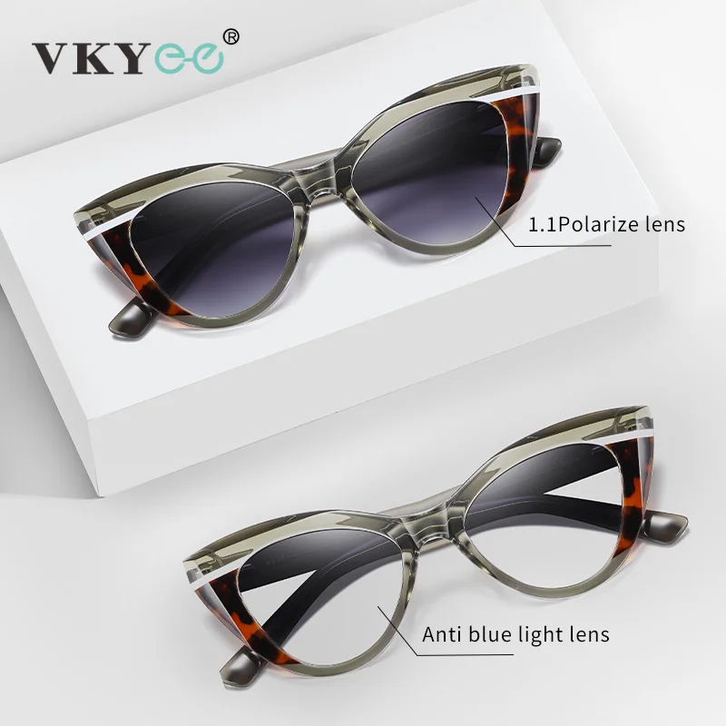 

VKYEE Women's Cat Eye Sunglasses Anti Blue Light Reading Glasses Photochromic Customizable Prescription Hyperopia Myopia S26113