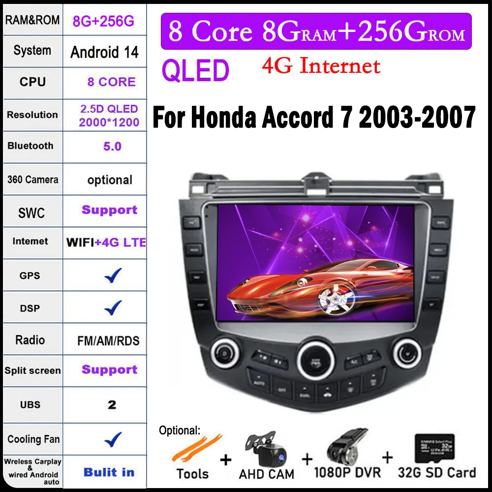 

Автомобильный радиоприемник 10,1 дюймов Android 14 для Honda Accord 7 2003-2007 стерео Мультимедийный Плеер Carplay Android Авто WIFI Bluetooth GPS