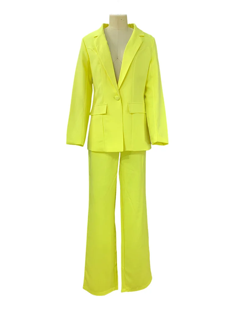 Hot Sell Slim Casual Office Lady Pant Suits Two Pieces Sets Solid Color Blazer And High Waist Wide Leg Pants New Fashion Set