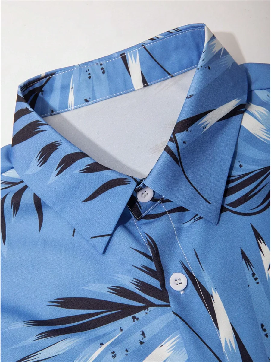 New Fashion Men's Leaf Print Short Sleeve Shirt Summer Beach Resort Style Polyester Tropical Hawaiian Shirt Men's 5XL