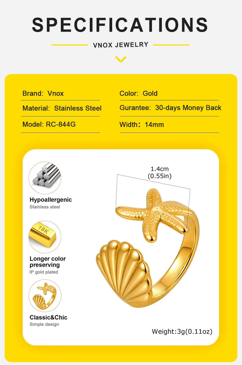 Vnox Meer Seestern Shell Ring Für Frauen Mädchen Edelstahl Unregelmäßige Feder Blatt Offenen Ring Charme Schmuck Party Geschenk – Detail 8