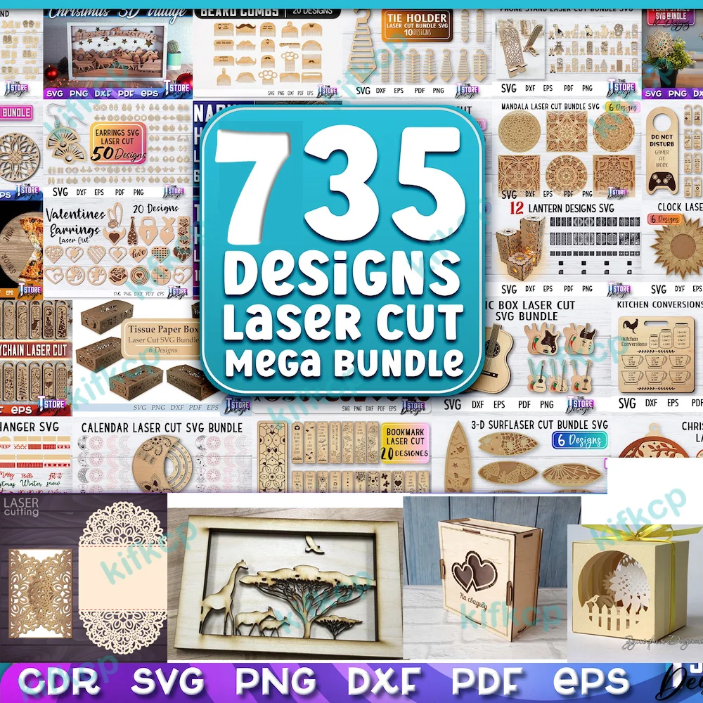 735 Laser Cut Designs Vector Toy Gift Decoration Art Files Bundle SVG DXF EPS Format cad 2d vector design drawing decorative panel design cdr dxf dwg file cnc vector dxf plasma router laser cut 2000pcs