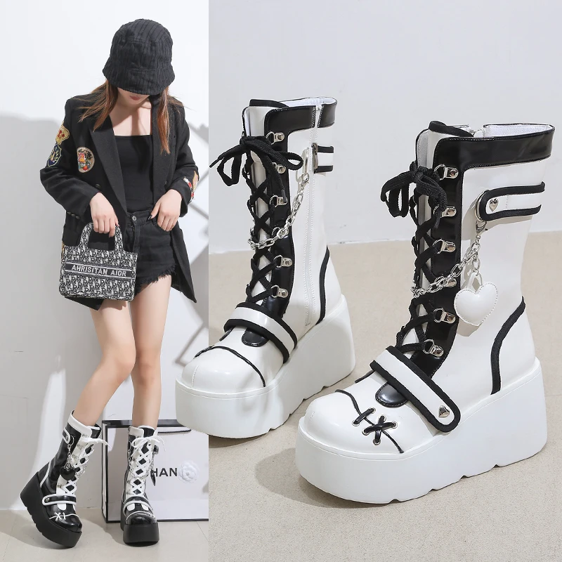 Platform Wedge Women's Boots Black and White Punk Gothic Style - true deals club