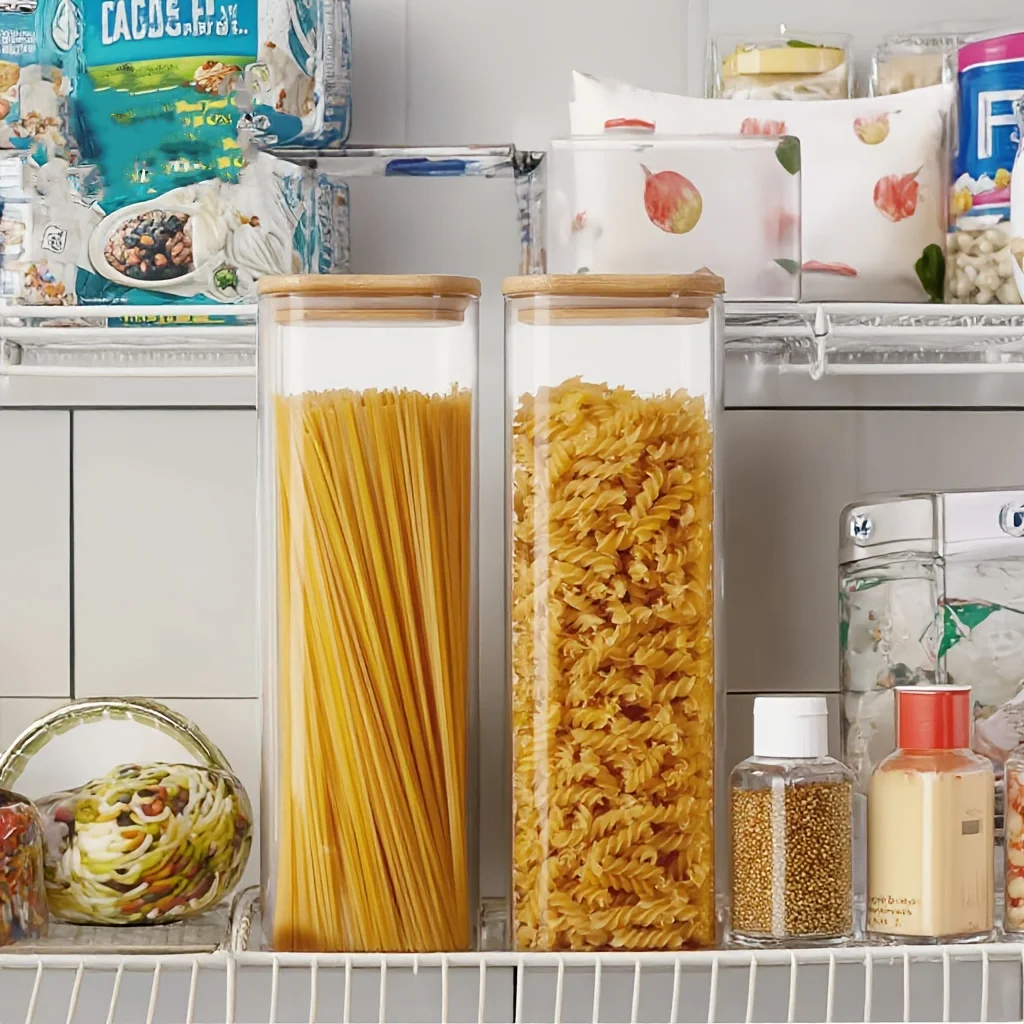 2/4パック-1450ml角型ガラス瓶、蓋付きガラス保存容器、広口パスタ瓶