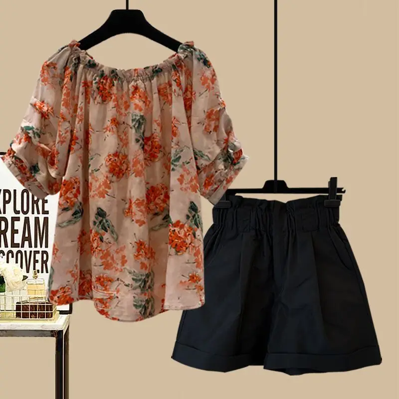 2024 Summer New European One Shoulder Short Sleeve Chiffon Shirt Loose Slimming Shorts Large Two Piece Set Women's Fashion
