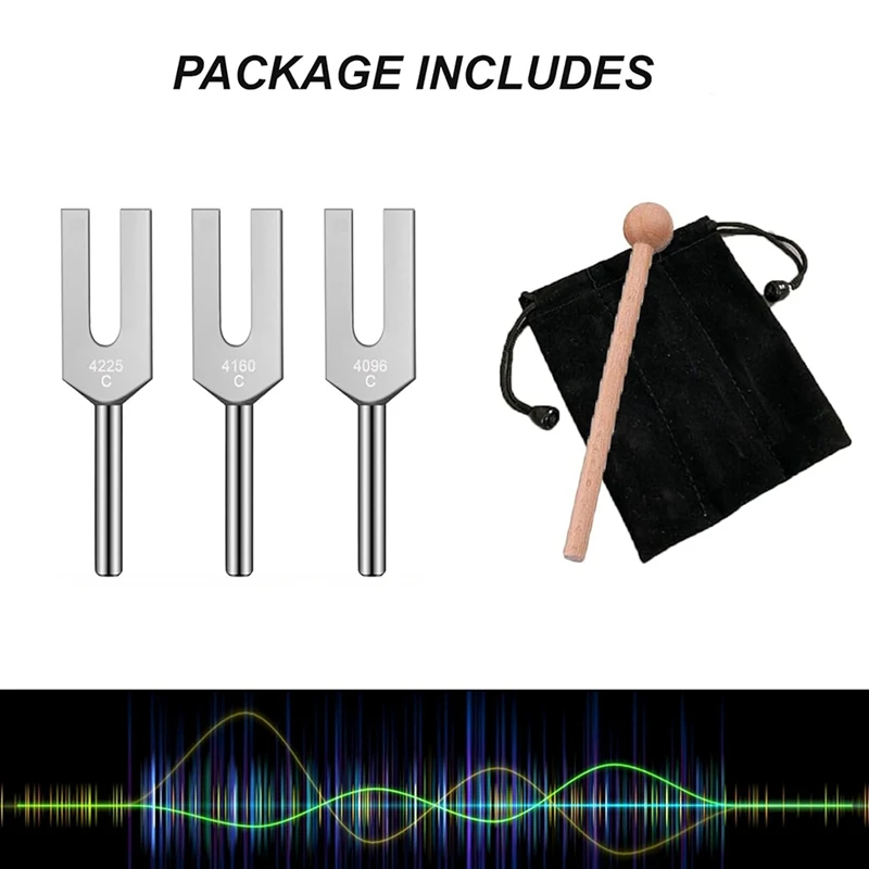 Angel Tuning Fork Set - 4096 Hz, 4160 Hz, 4225 Hz - Therapeutic Instrument Set with Wooden Strike and Storage Bag 4