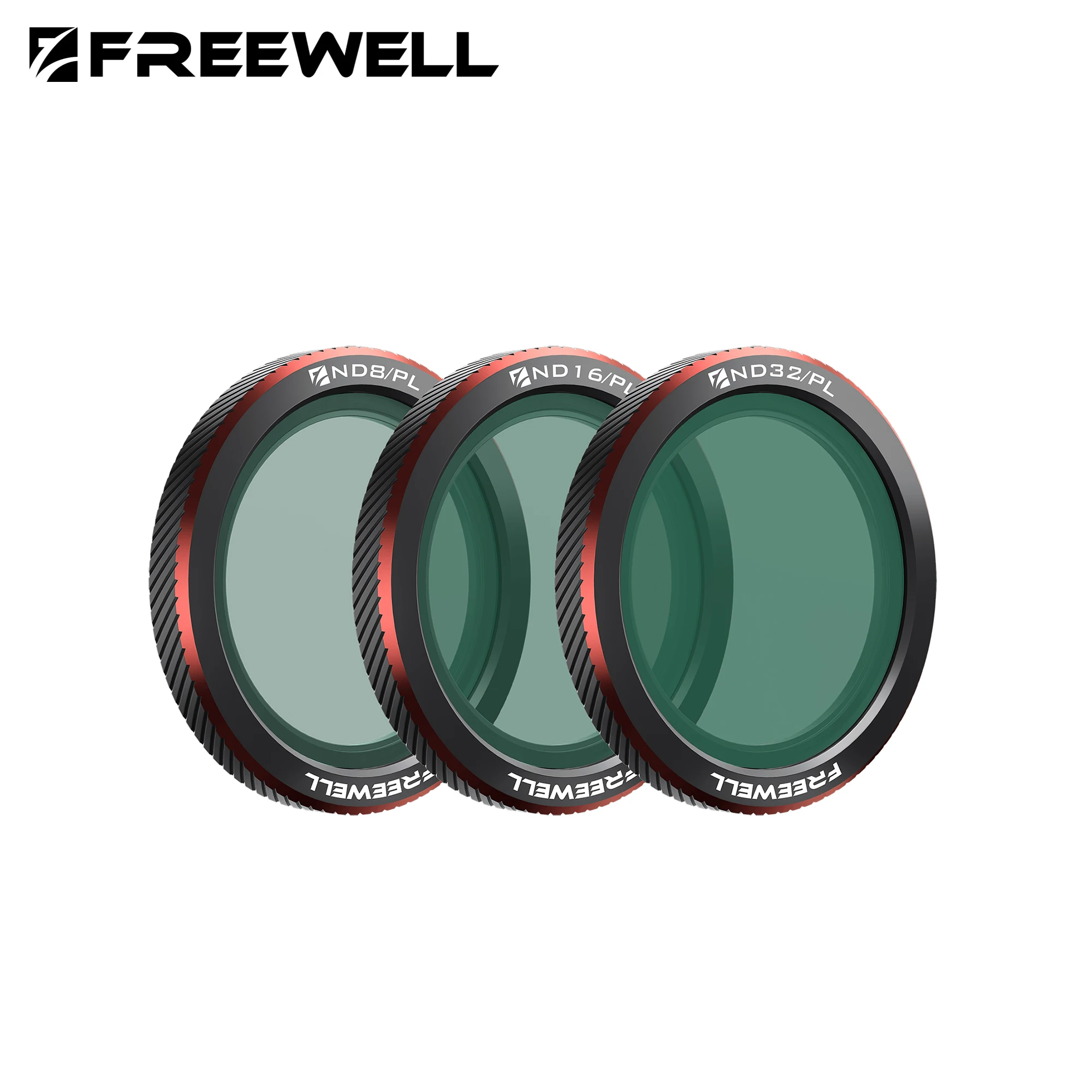Lot de 3 Filtres Objectif Magnétiques UV CPL ND posés sur une surface, avec reflets lumineux.