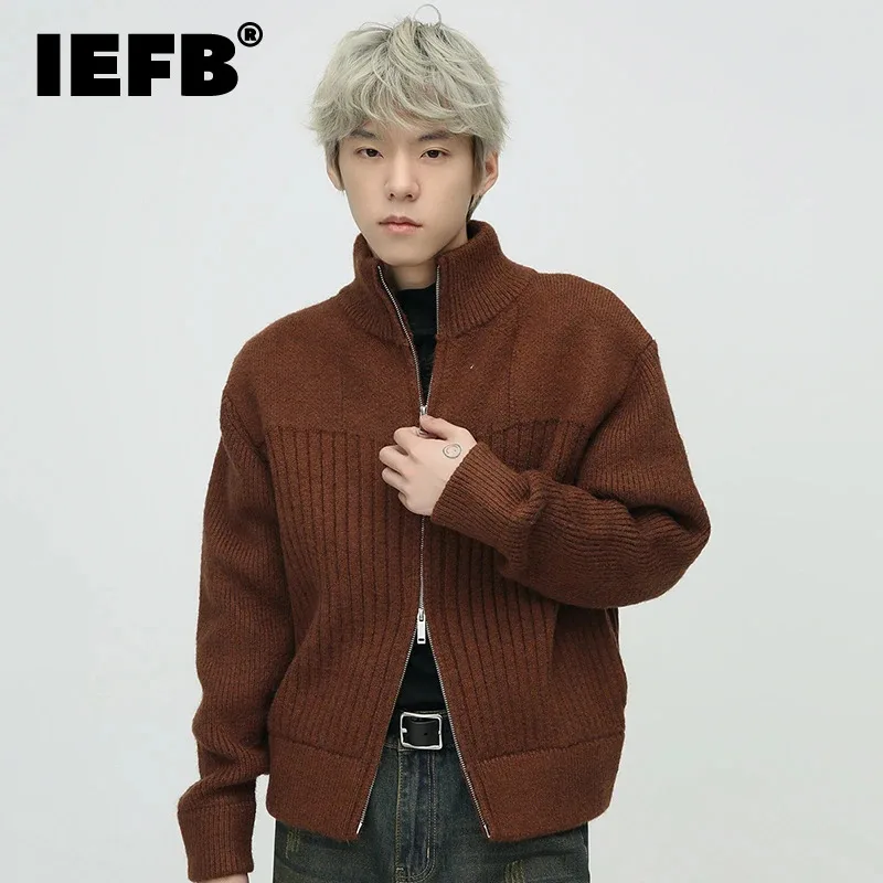 

IEFB Korean Style Men's Cardigan Fashion Stand Collar Double Zipper Stripe Male Sweater Simple Men Short Knitted Coat 9C3797