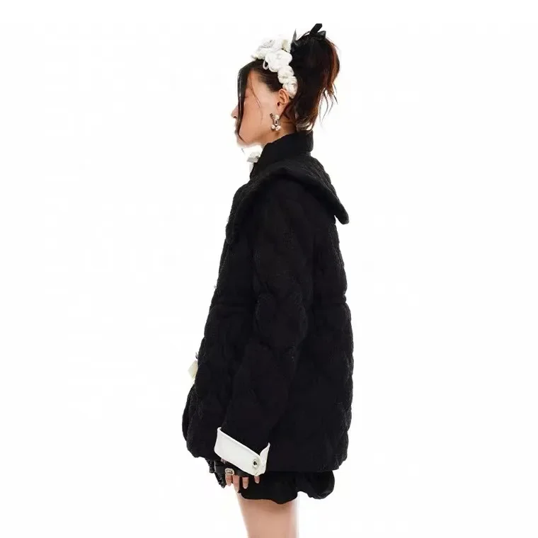 Bowknot Elegant Warm Short Cotton Coat Women 2023 Autumn Winter New Stand Collar Black White Contrast Color Warm Parkas Female