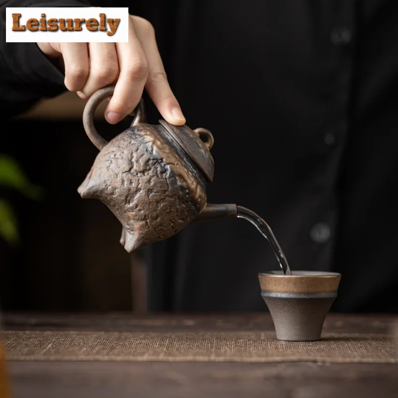 200ml Antique Old Rock Mud Pottery Teapot Creative Gilded Iron Glaze Four Legged Pot Tea Maker Kettle Teaset Equipment Craft