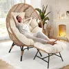 2 Pieces Egg Chair Wicker Patio Egg Chair with Ottoman Rattan Teardrop Cuddle Cocoon Chair for Indoor Outdoor Bedroom Porch Back 1