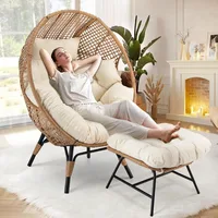 2 Pieces Egg Chair Wicker Patio Egg Chair with Ottoman Rattan Teardrop Cuddle Cocoon Chair for Indoor Outdoor Bedroom Porch Back 1
