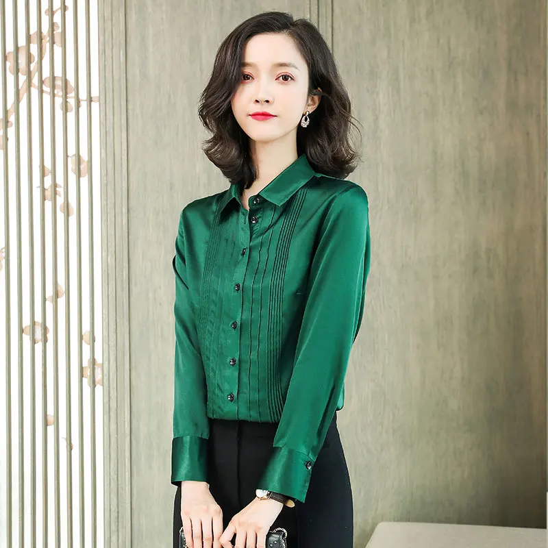 thumbnail image 1 of Camisas de seda auténtica de manga larga para mujer 2022, blusas y blusas verdes para oficina, 1 of 5