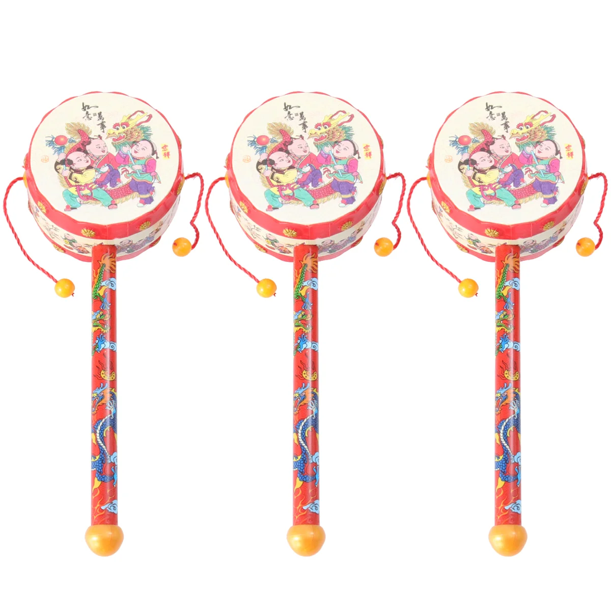 

3Pcs Rattle Drums Hand Bell Drum Percussion Instrumen Chinese Traditional Baby Musical Educational Toys Red