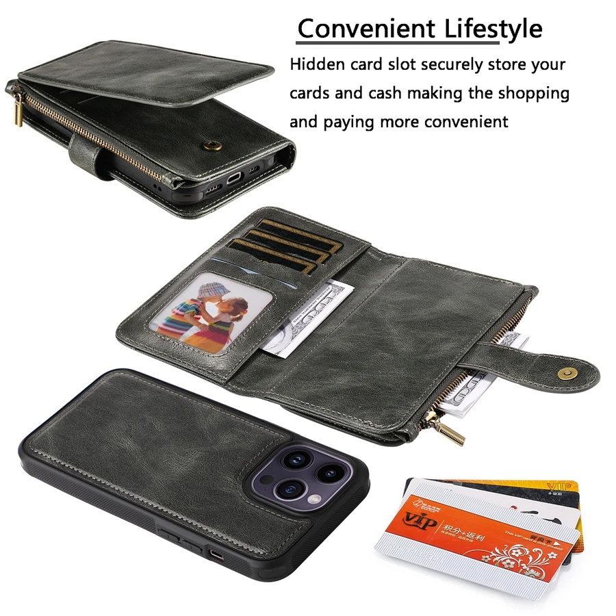 Multifunction Retro Zipper Solid Color Phone Wallet Case For iPhone 14 Pro Max 13 Pro Max 12 Pro Max 11 Pro Max 8 Plus 7 Plus