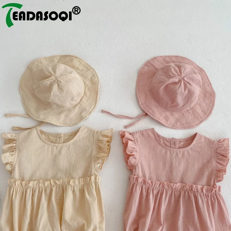 

0-2Y Newborn Baby Girls Rompers 2024 Summer Clothes Suit Ruffle Sleeveless Jumpsuit Cotton Bodysuit Top+Hat 2Pcs Kids Infant Set