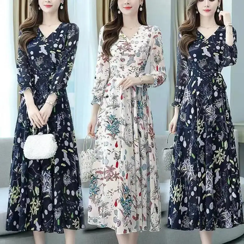 

Women Spring Dress Flower Print V Neck Long Sleeves Loose Hem A-line Dress-up Colorful Boho Prom Spring Fall Dress Women Clothin