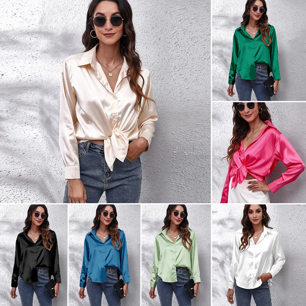 

Ladies Shirt 2024 Spring Fashion Pure Color Lapel Imitation Silk Long Sleeve Shirt New Style Women Chemisier Femme Chic