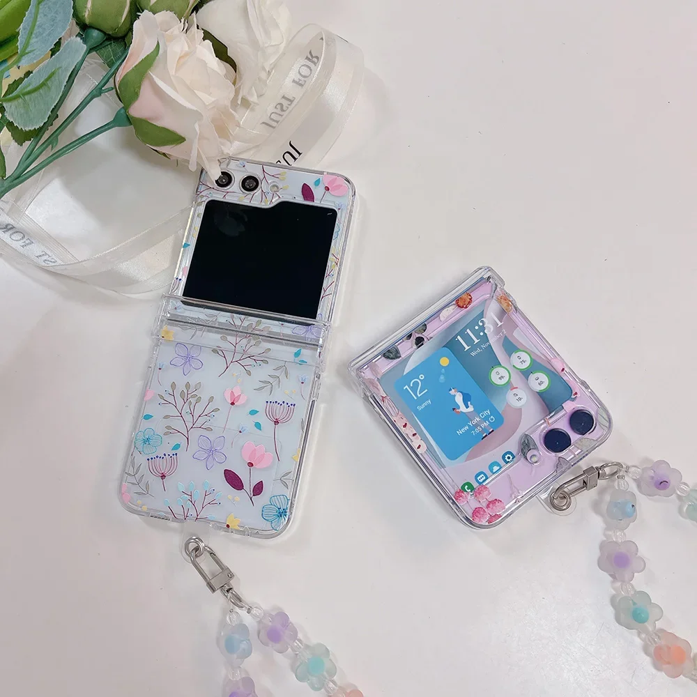Custodie Per Telefoni Per Samsung Galaxy Z Flip 3 4 5 5G Custodia Rigida Per Pc Con Bracciale Con Fiori Dipinti A Mano Per Samsung Z Flip5 Zflip5