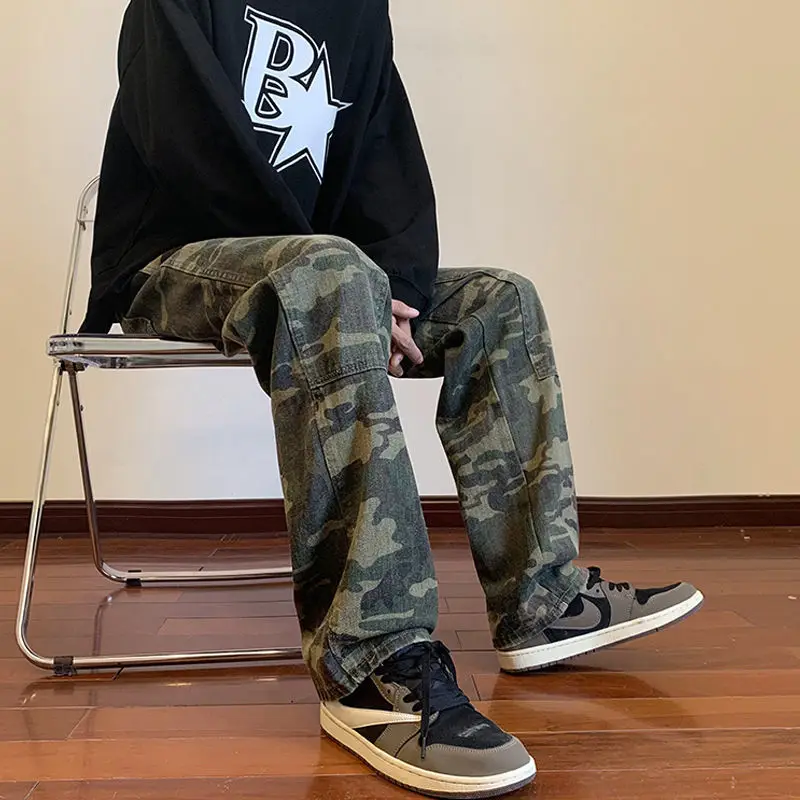 American Hiphop Street Trend Camouflage Workwear Pants Men's Button Zipper Pockets Patchwork Loose Straight Wide Leg Vibe Jeans