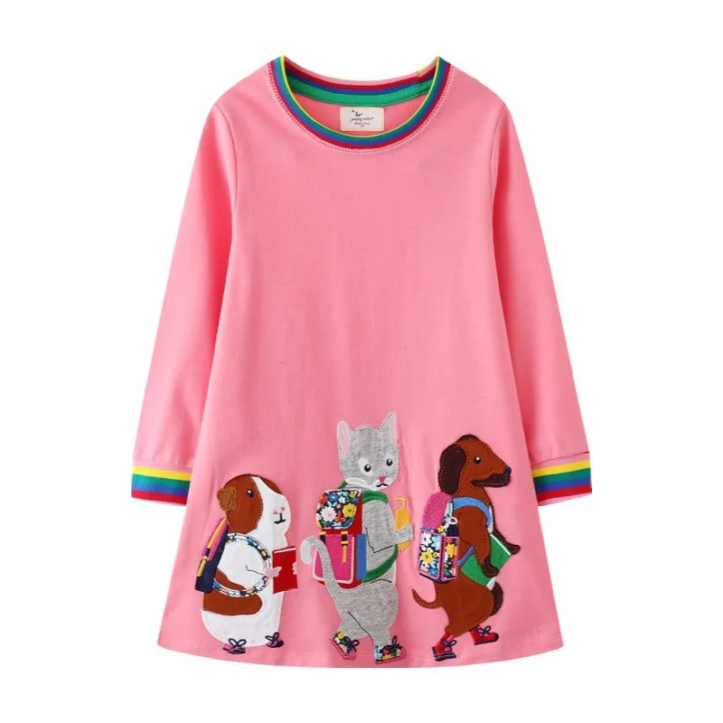 S044c27dca43b4eec9b90242f9ef53a1e6 Jumping Meters Colored Pen Applique Girls Dresses For School Autumn Spring Children's Clothes Preppy Style Kids Costume