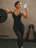 Solid Color High Elasticity Sports Overhead Sleeveless Backless Yoga Compression Leggings - Image 3