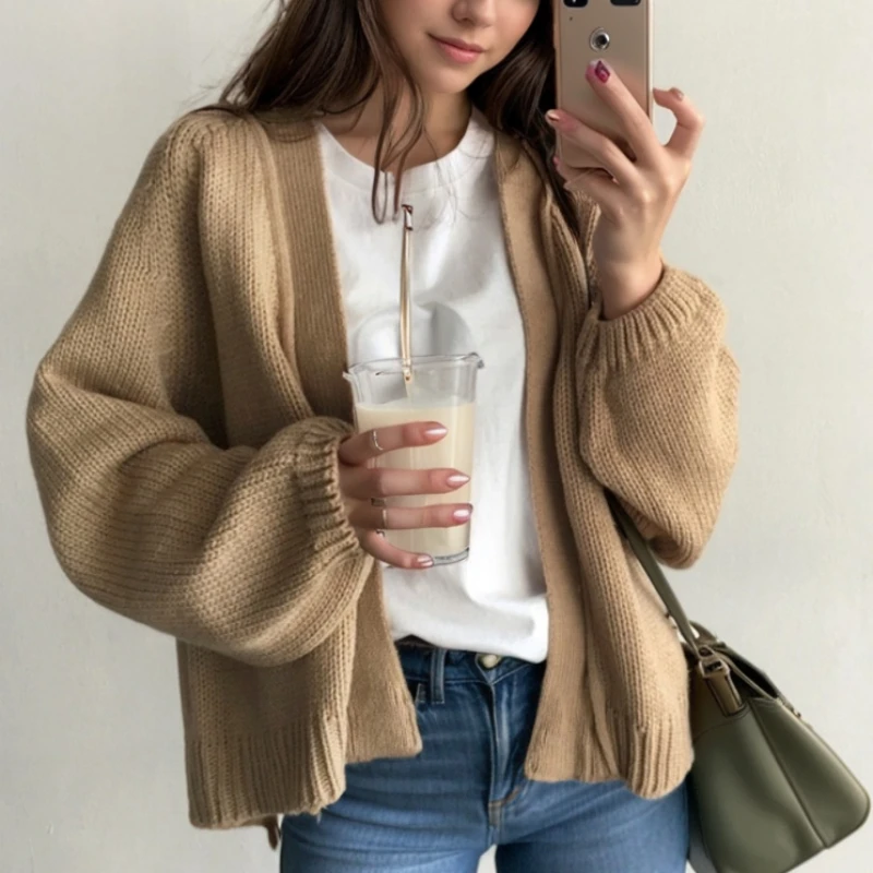 Women Knitted Cardigan Sweater Jacket V Neck Casual Office